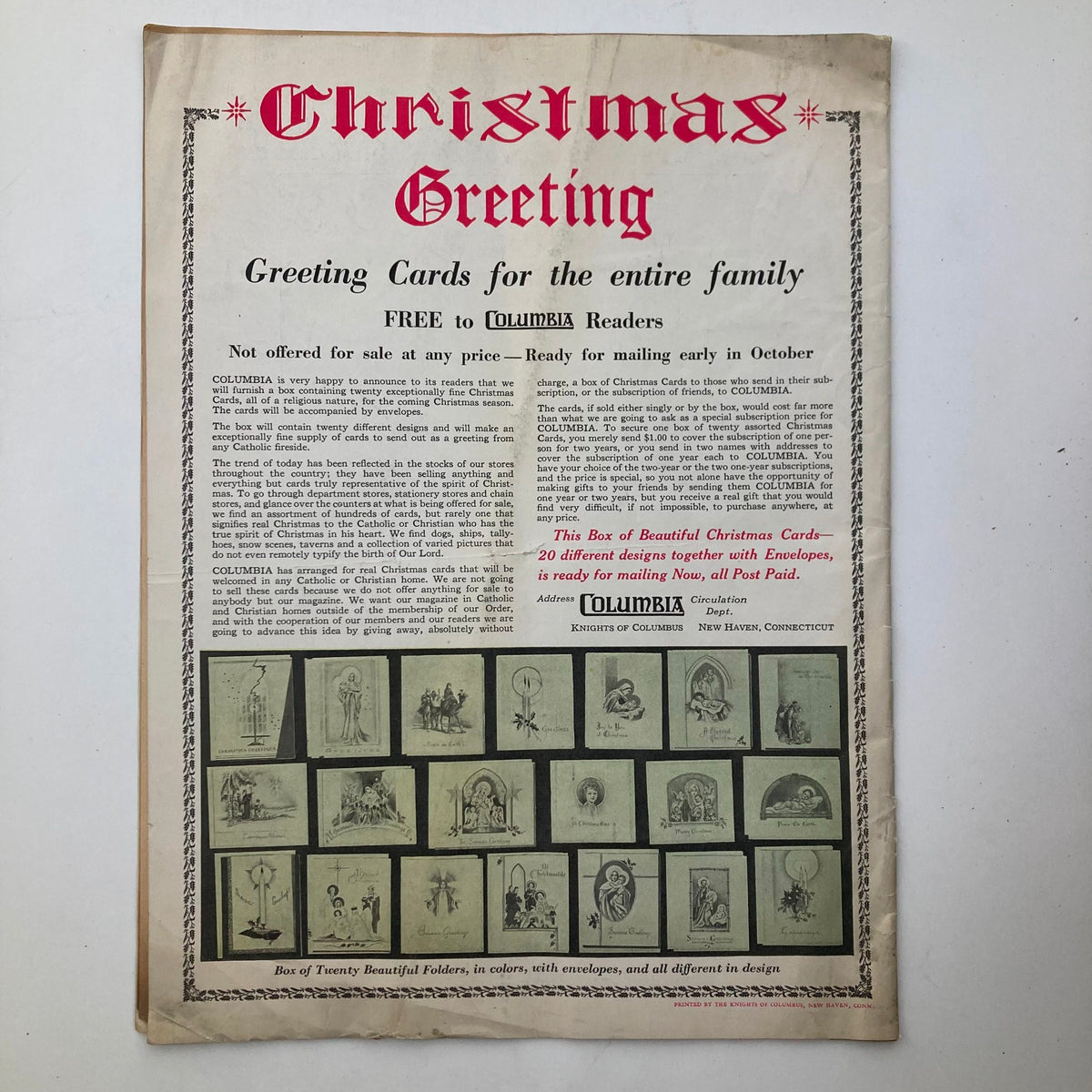 Christmas Greeting advertisement from VTG Columbia Magazine November 1937, promoting holiday cards for Knights of Columbus readers.