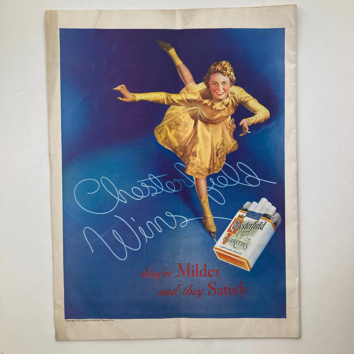 VTG Columbia Magazine January 1937 Vol 16 No. 6 advertisement for Chesterfield cigarettes, showcasing a dancer in a gold outfit.