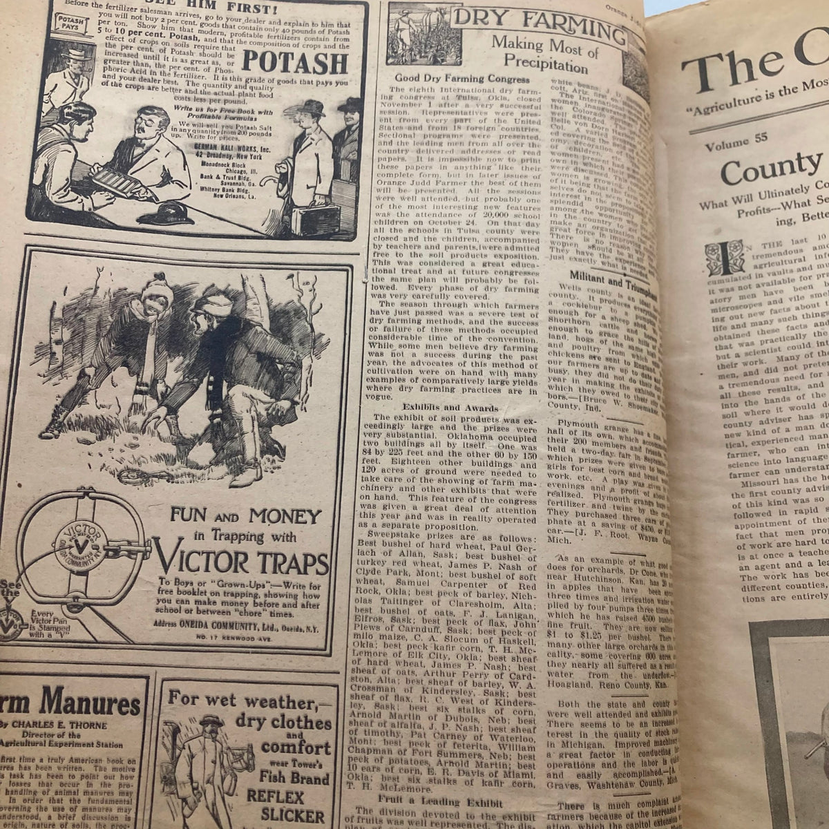 VTG Farmer Magazine November 8 1913 showing articles on potash, dry farming, and trapping with Victor traps.