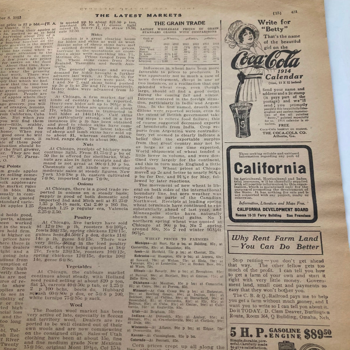 VTG Farmer Magazine November 8 1913 presenting the latest markets and advertisements, including Coca-Cola and farm rental options.