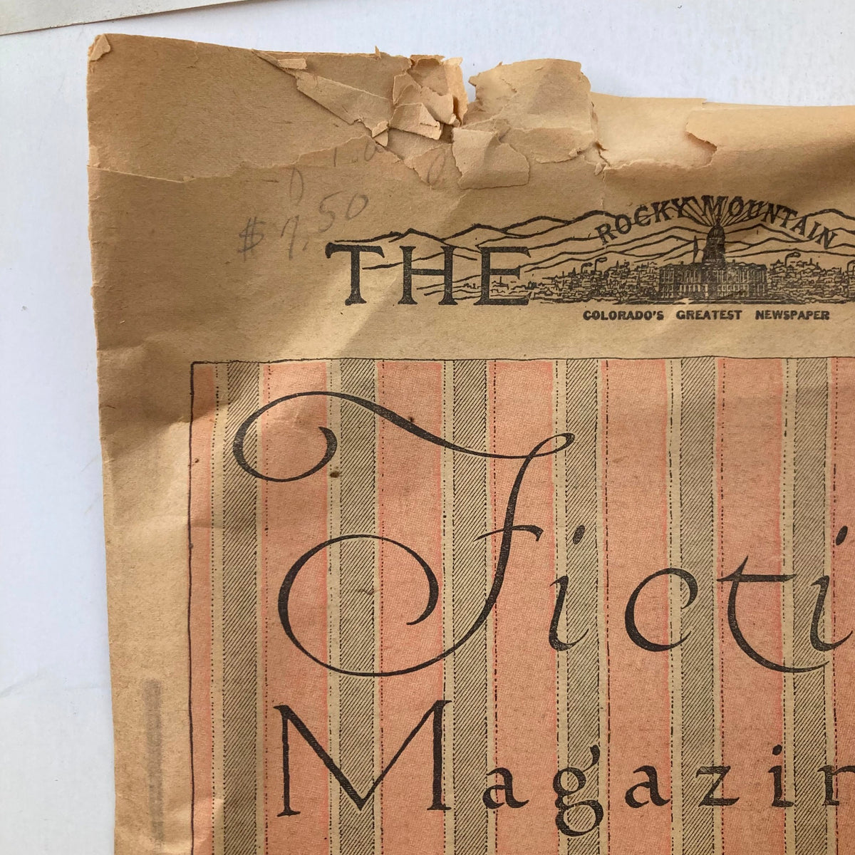 Close-up of the top section of The Sunday Fiction Magazine, December 10, 1916, highlighting the magazine's title and publication details, with visible wear and markings.