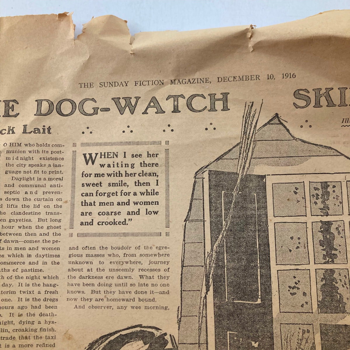 Text and illustration from the vintage The Sunday Fiction Magazine December 10 1916, showcasing the title 'The Dog-Watch' with a camp scene.