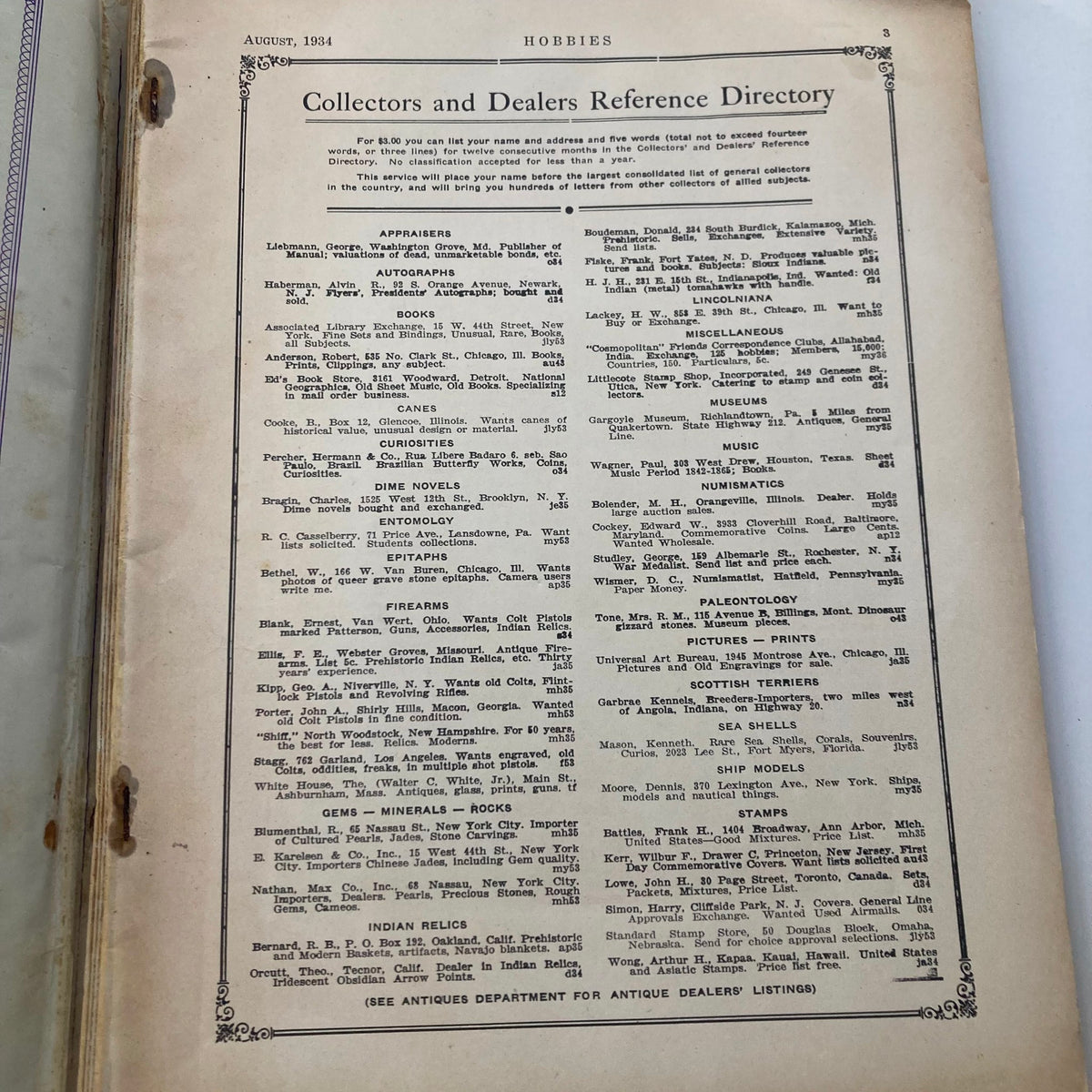 Inside page of VTG Hobbies Magazine August 1934, Volume 39 No. 6 listing collectors and dealers for various hobbies, emphasizing the magazine's utility for enthusiasts.