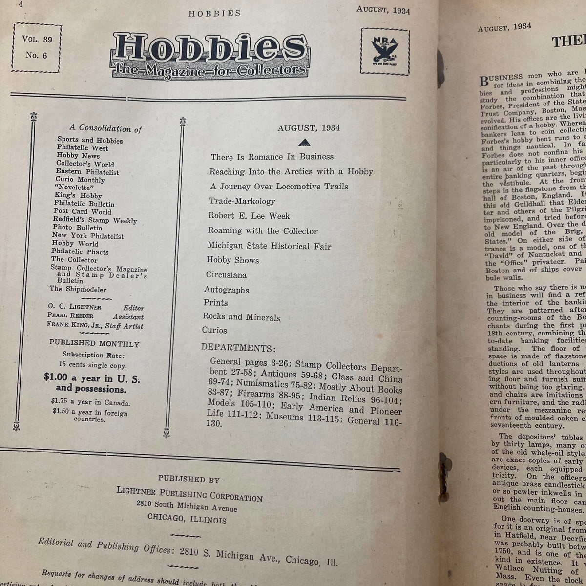 Another inside page of VTG Hobbies Magazine August 1934, Volume 39 No. 6 highlighting articles and features like Trade-Markology, appealing to history and hobby enthusiasts.