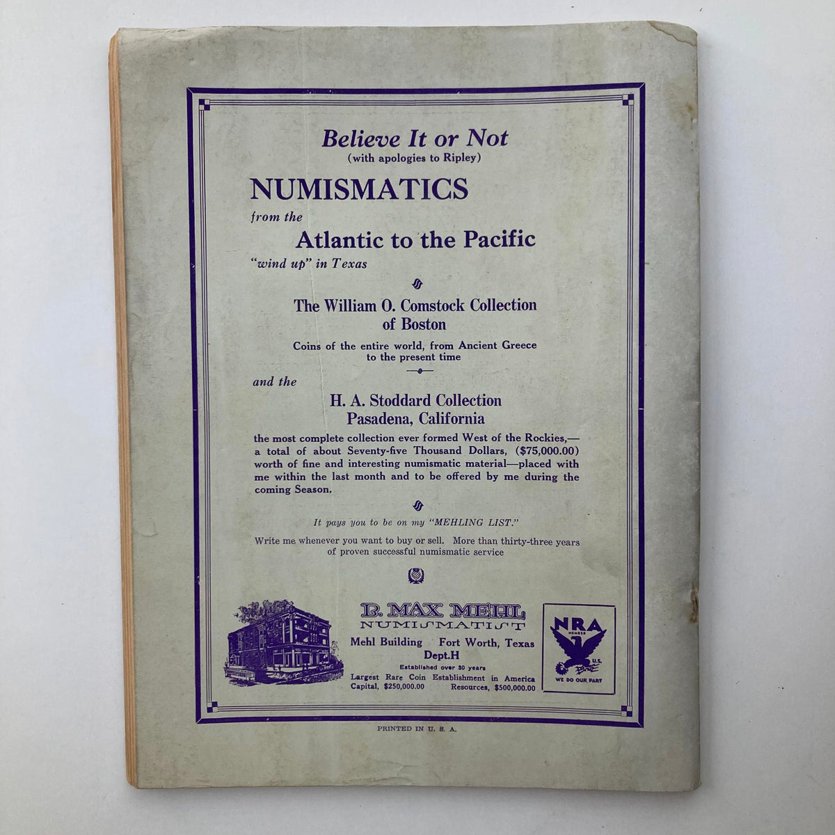 Reverse cover of VTG Hobbies Magazine August 1934, featuring advertisements for numismatics and coin collections, showcasing historical collectibles and associated information.