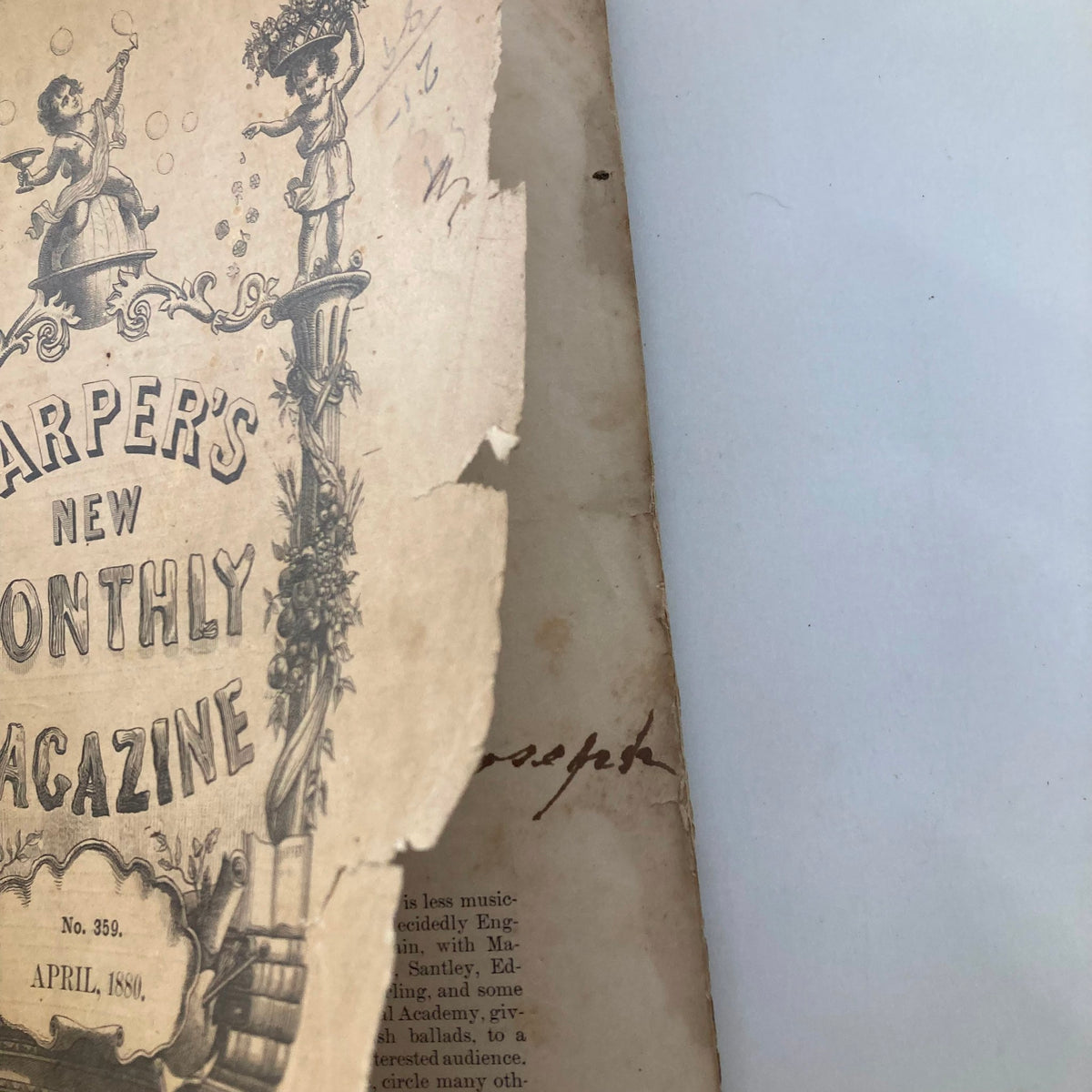 Close-up view of the cover page of VTG Harper's Magazine April 1880 No. 359, showing the title and vintage design, indicative of its historical significance.