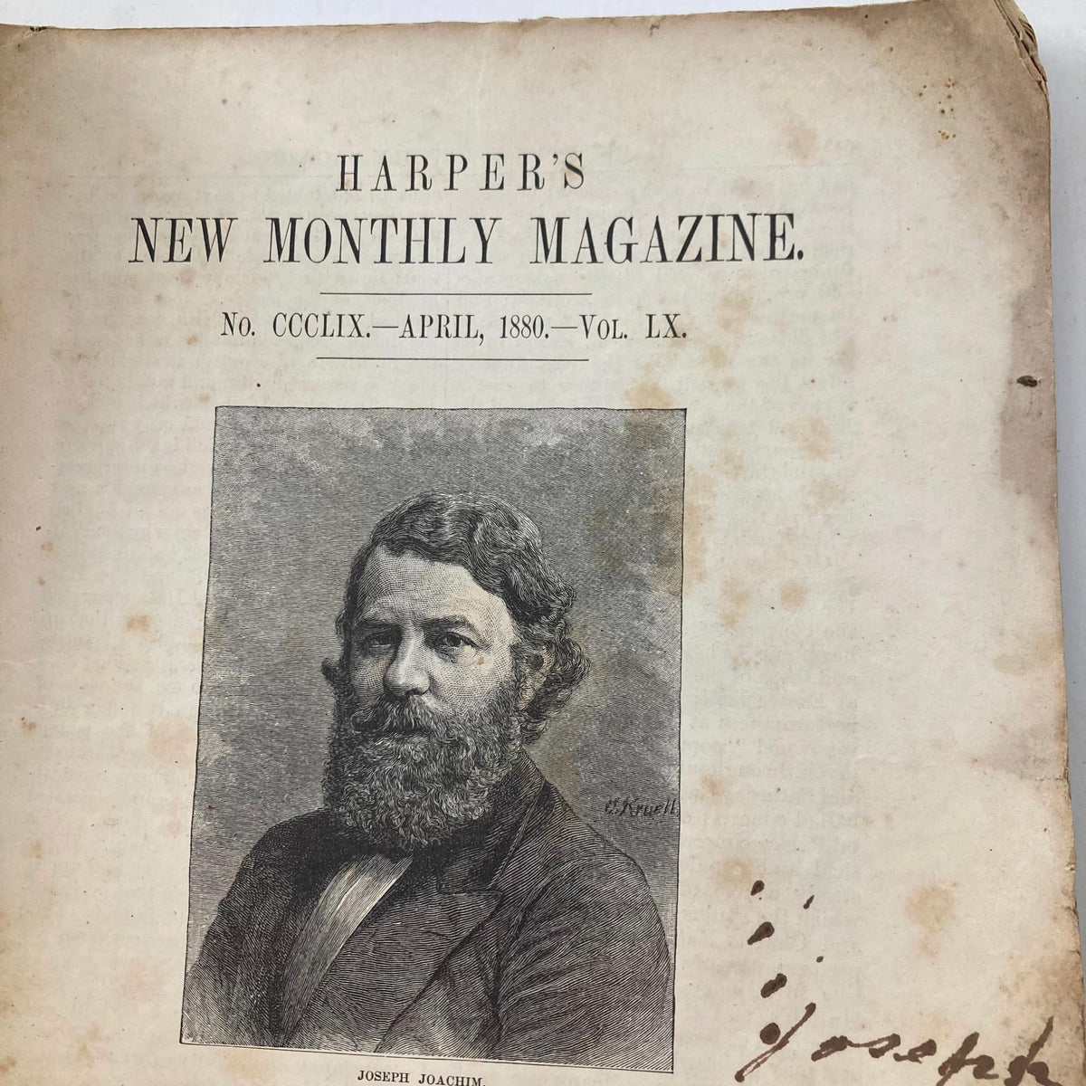Interior page of VTG Harper's Magazine April 1880 No. 359 featuring a portrait of Joseph Joachim, an influential violinist, highlighting his role in classical music.