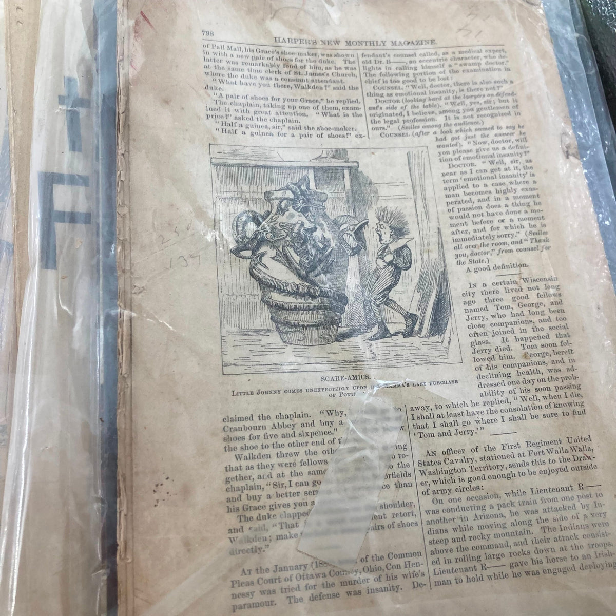Interior page of VTG Harper's Magazine April 1880 No. 359, encased in protective plastic, featuring illustrations and text, encapsulating the cultural dynamics of the period.