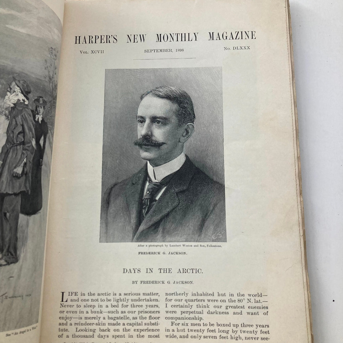 Inside page of VTG Harper's Magazine September 1898 No. 580, featuring a portrait of Frederick G. Jackson and text titled 'Days in the Arctic'.