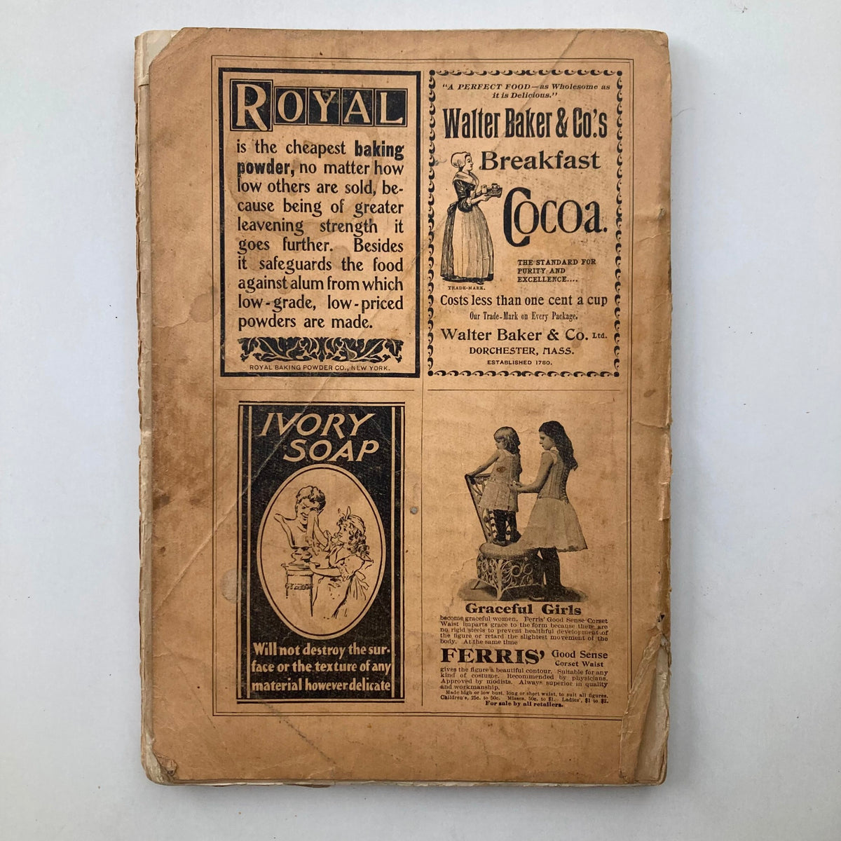 Back cover of VTG Harper's Magazine September 1898 No. 580, showcasing advertisements for Royal Baking Powder and Ivory Soap.