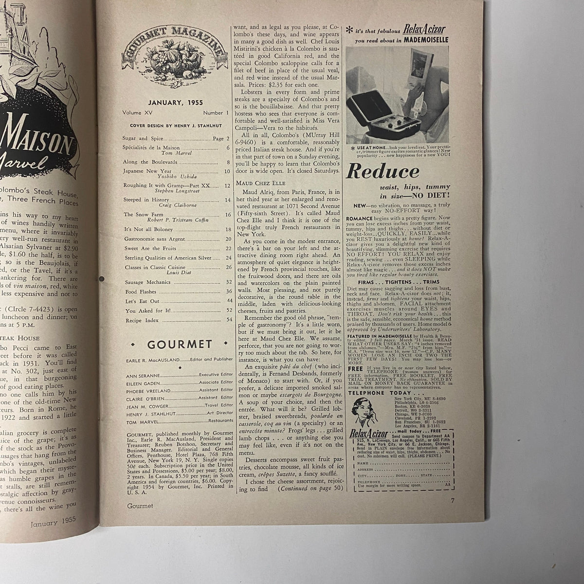 Interior page of Gourmet Magazine January 1955 Vol 15 No. 1, showcasing the magazine's Table of Contents with a vintage design and articles related to culinary topics.