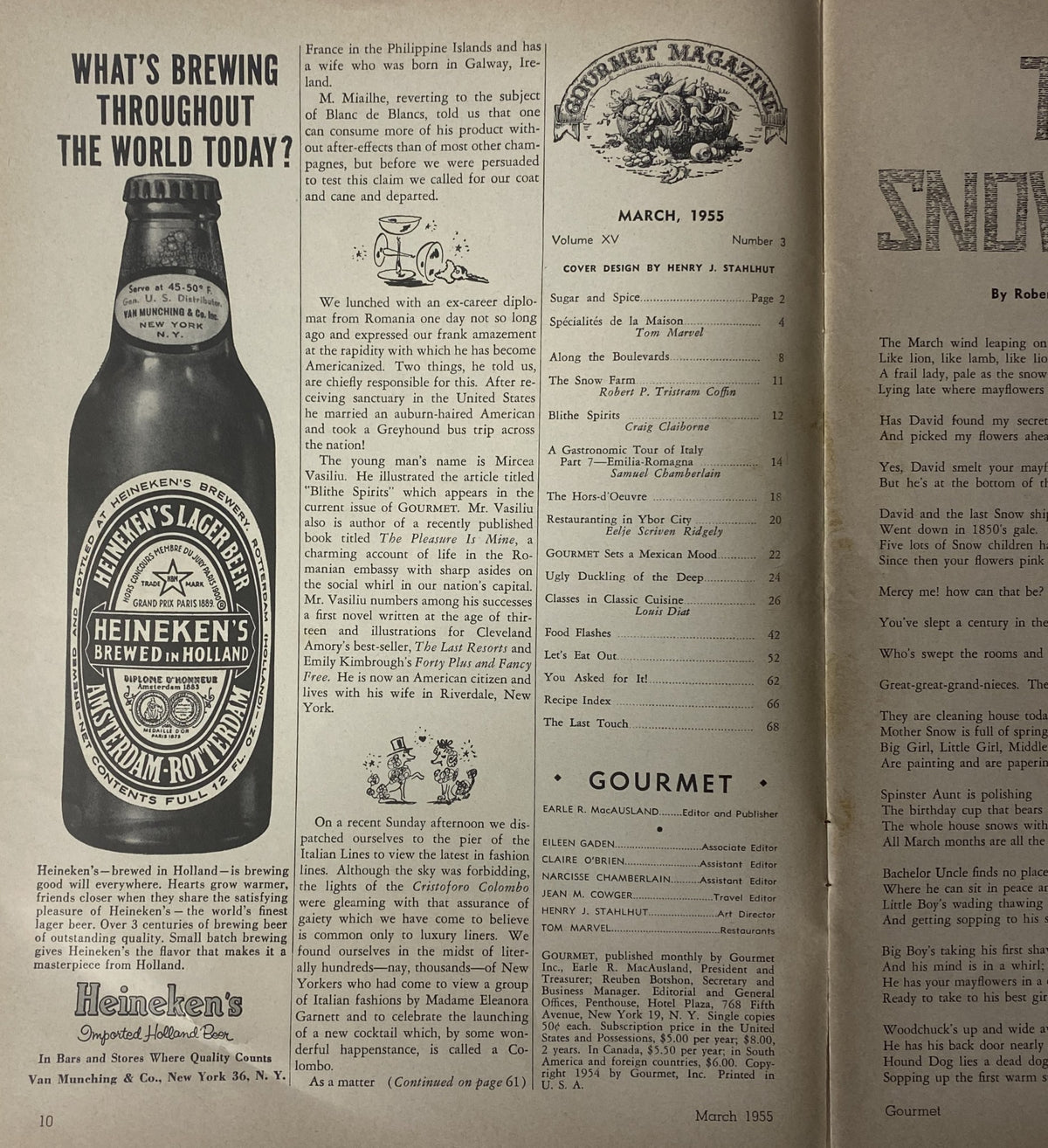 Inside page of Gourmet Magazine March 1955 Vol 15 No. 3 featuring an article about Heineken Beer and its background, showing the beverage's branding.
