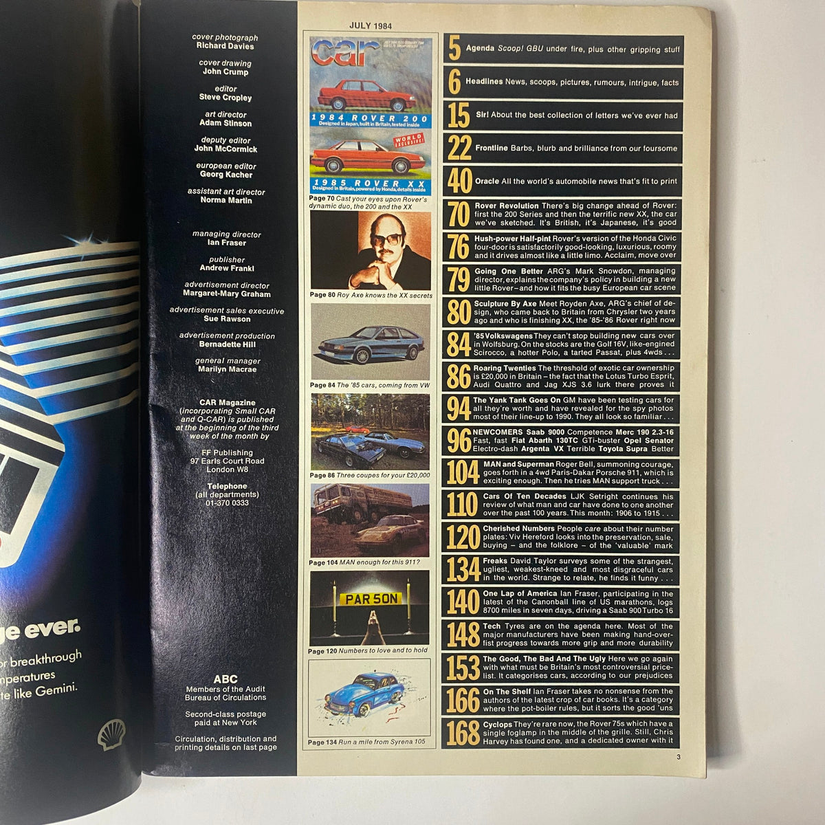 Inside page of Car Magazine UK July 1984 showcasing the table of contents, including features on automotive news, Rover models, and industry insights.