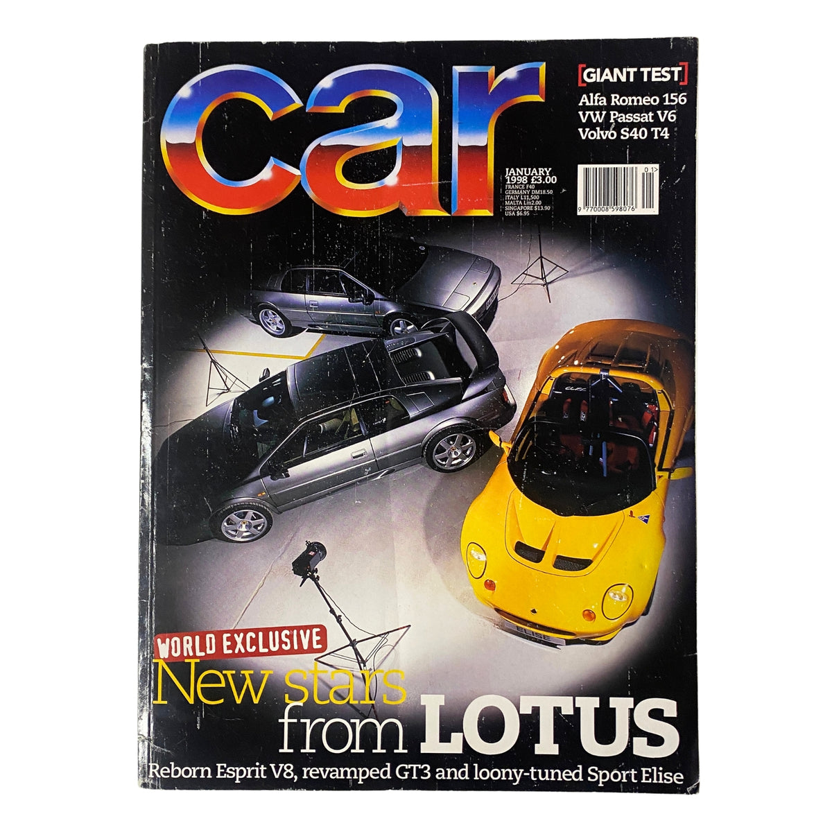 Cover of Car Magazine UK January 1983 featuring 'Lotus Reborn: Esprit V8, Revamped GT3 & Sport Elise' showcasing the new Lotus line-up with featured cars.