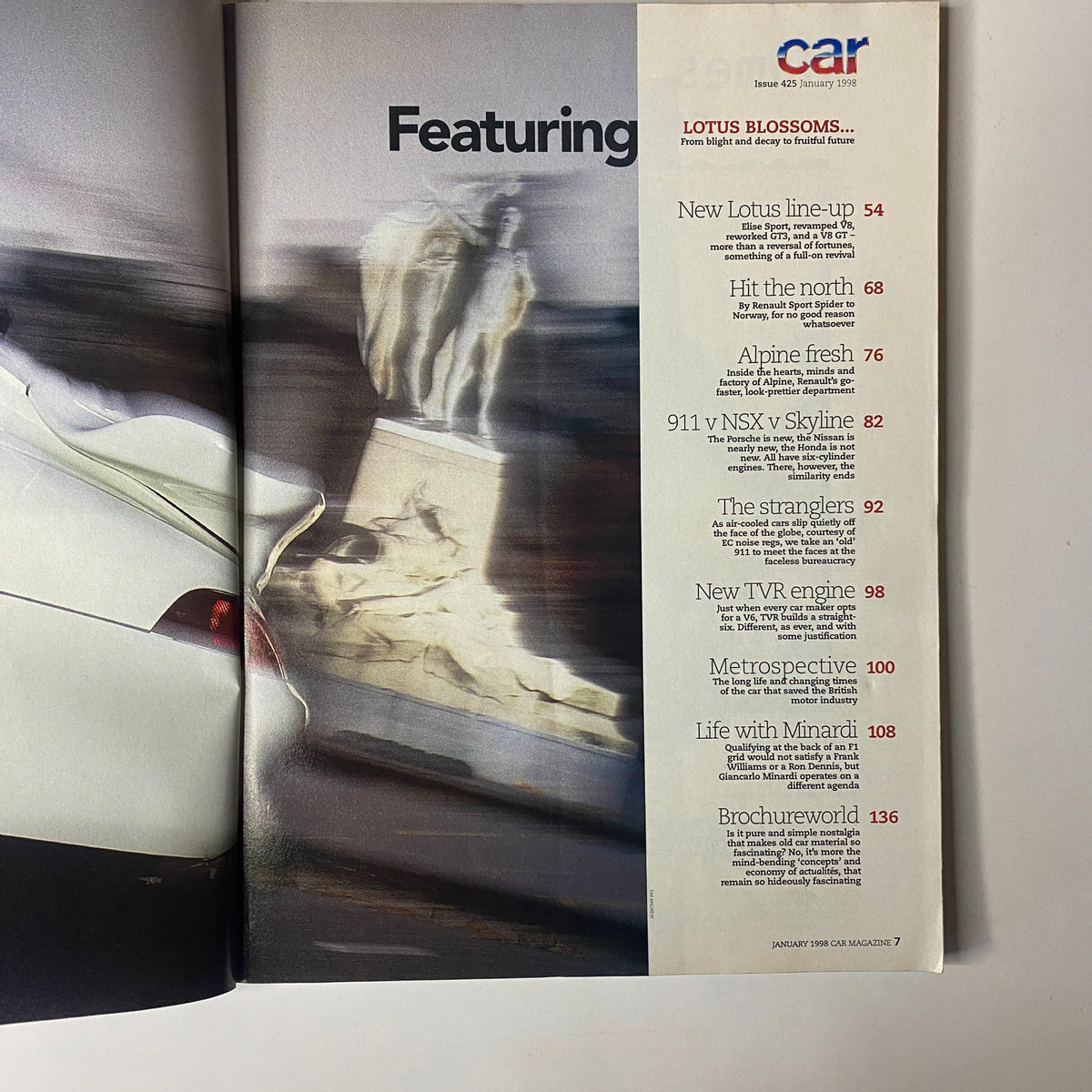 Inside page of Car Magazine UK January 1983 highlighting the contents including 'New Lotus line-up', 'Hit the north', and other feature articles.
