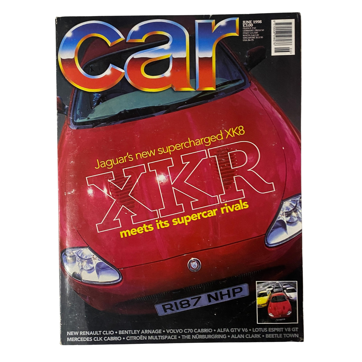 Car Magazine UK Import June 1998 featuring Jaguar's New Supercharged XK8 XKR on the cover, showcasing the iconic red car with luxury branding and performance highlights.