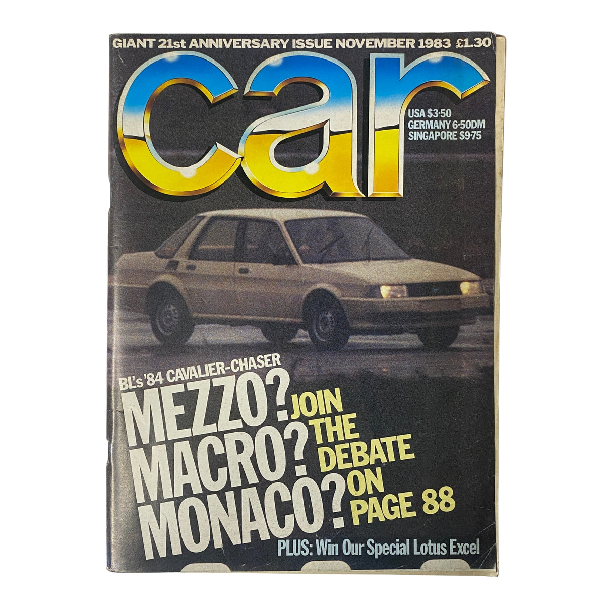 Cover of Car Magazine UK from November 1983 featuring BL's '84 Cavalier-Chaser, with the tagline 'Mezzo? Macro? Monaco? Join the Debate on Page 88'.