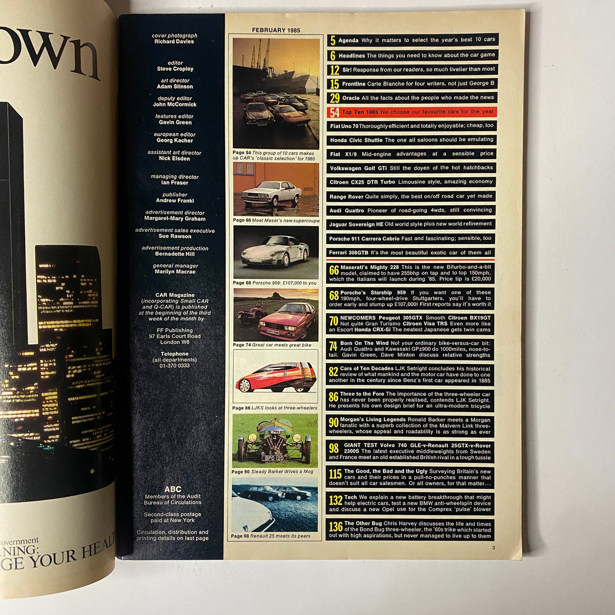 Interior page from Car Magazine UK February 1985 featuring articles and agenda related to Fiat Uno 70, Honda Civic Shuttle, and Fiat X1/9. Includes titles and page numbers for various features.