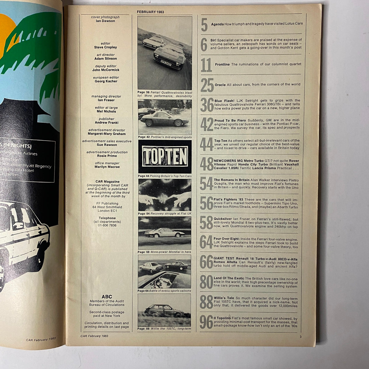 Interior page of Car Magazine February 1983 listing the table of contents with articles on major automotive features including Ferrari and industry insights.