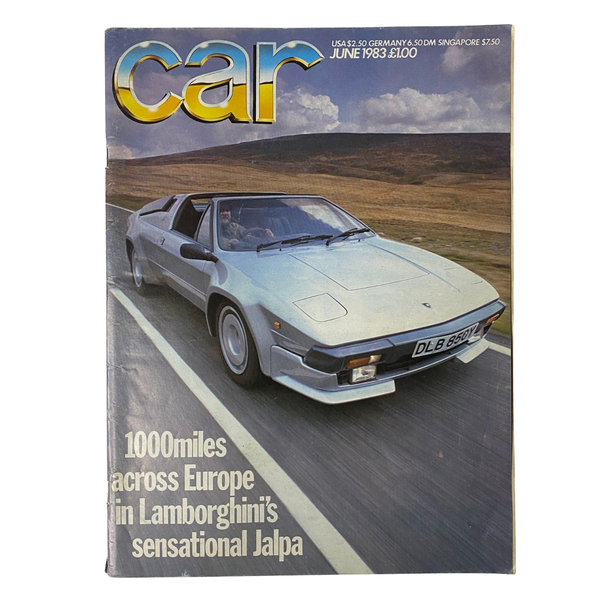 Cover of Car Magazine UK Import June 1983 featuring Lamborghini's Sensational Jalpa on scenic road backdrop, highlighting automotive elegance and performance.