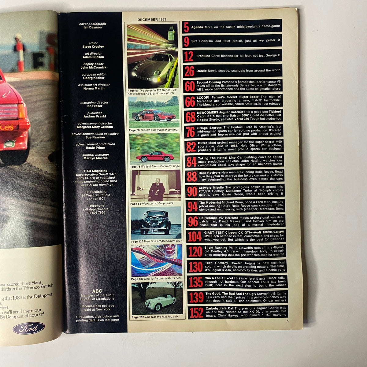 Inside page from Car Magazine UK December 1983 featuring automotive tests and articles including Porsche 928 S2 and Jaguar XJS-C 3.6.