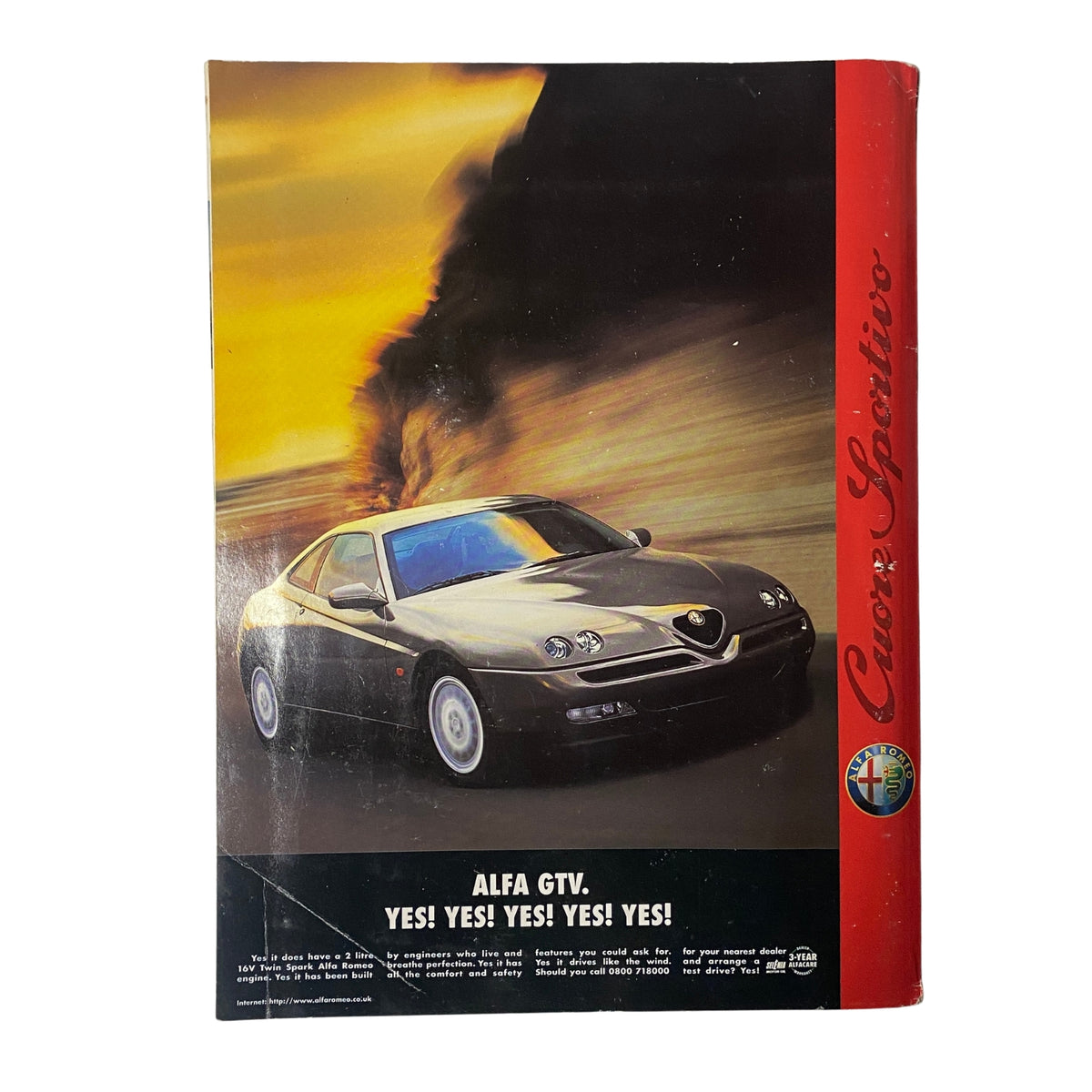 Back cover of Car Magazine UK May 1998 advertising Alfa GTV with dramatic artwork, emphasizing the excitement of performance vehicles.