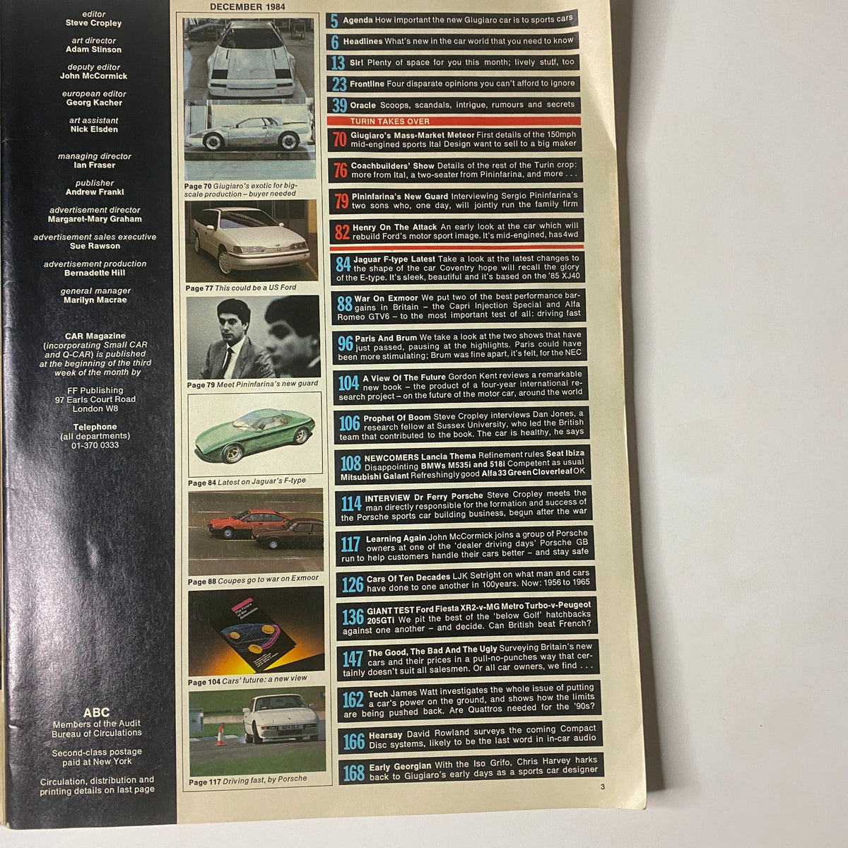 Cover of Car Magazine UK Import December 1984 featuring Giugiaro's Mass-Market Exotic with a table of contents highlighting key articles on sports cars, automotive trends, and expert interviews.