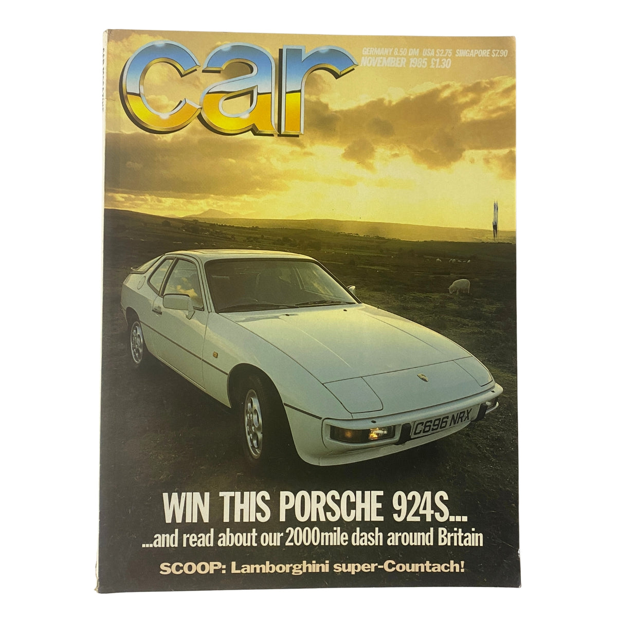 Car Magazine UK November 1985 issue featuring Porsche 924S on the cover, with text promoting a giveaway and a scoop on Lamborghini Super-Countach.