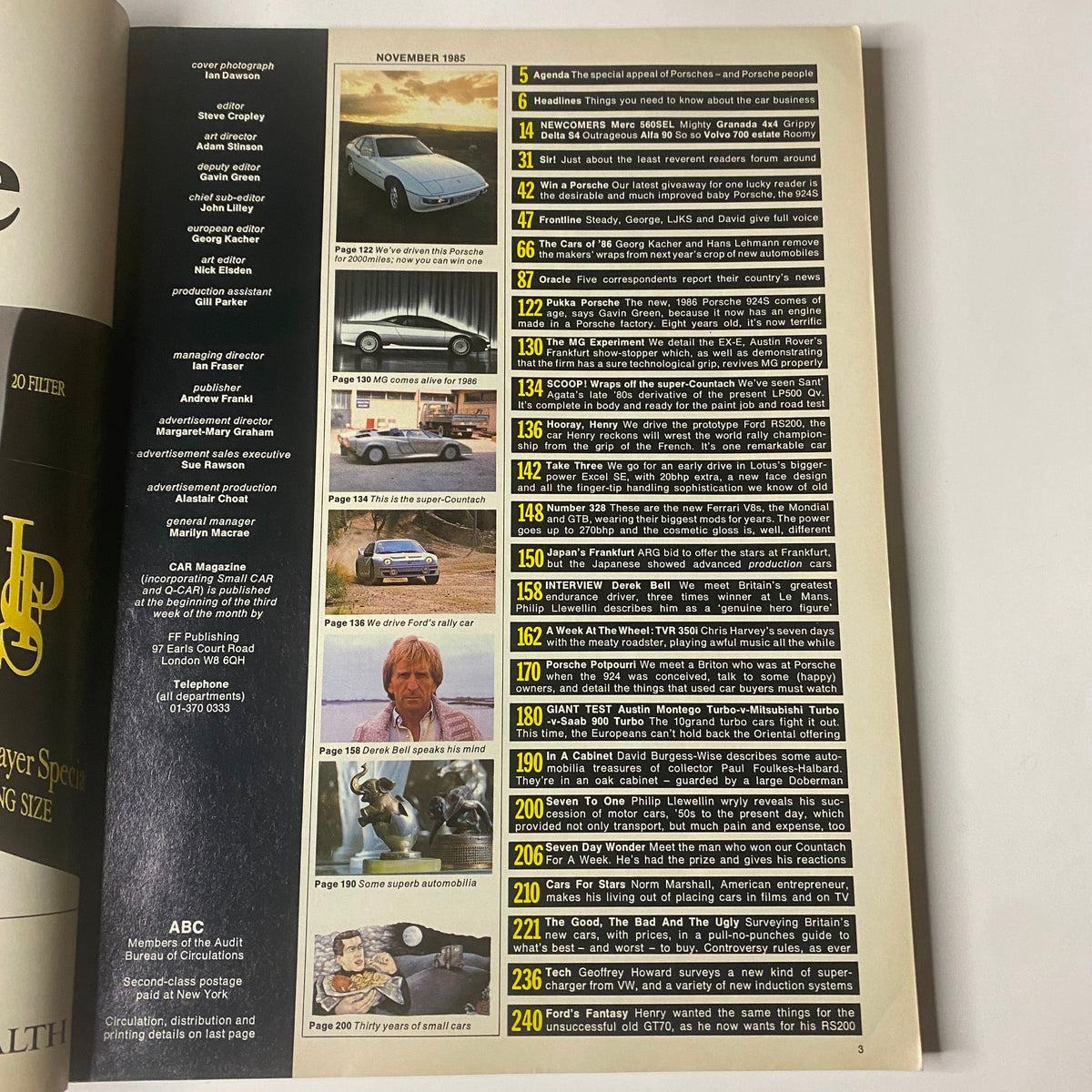 Table of contents from Car Magazine UK November 1985 issue detailing articles on Porsche 924S, Lamborghini Super-Countach, and other automotive topics.