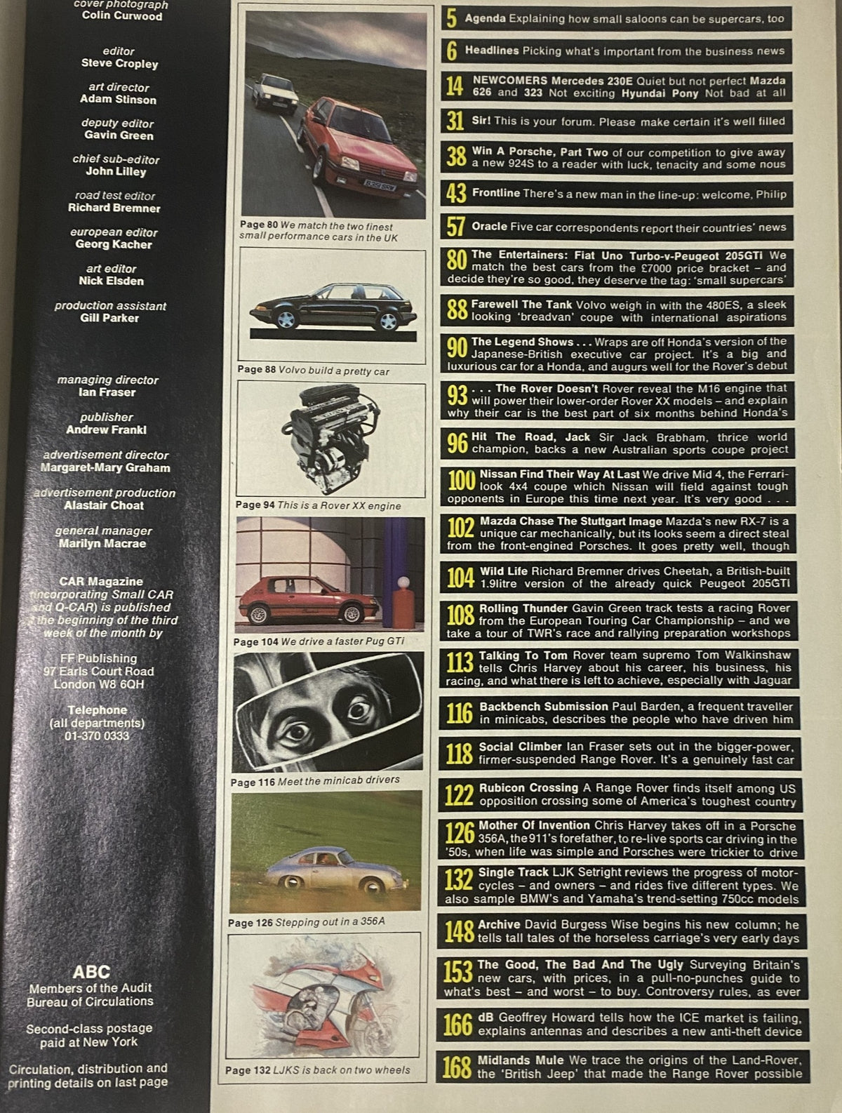 Table of contents page from Car Magazine UK Import December 1985, detailing featured articles including 'Driving The World’s First Small Supercars'.