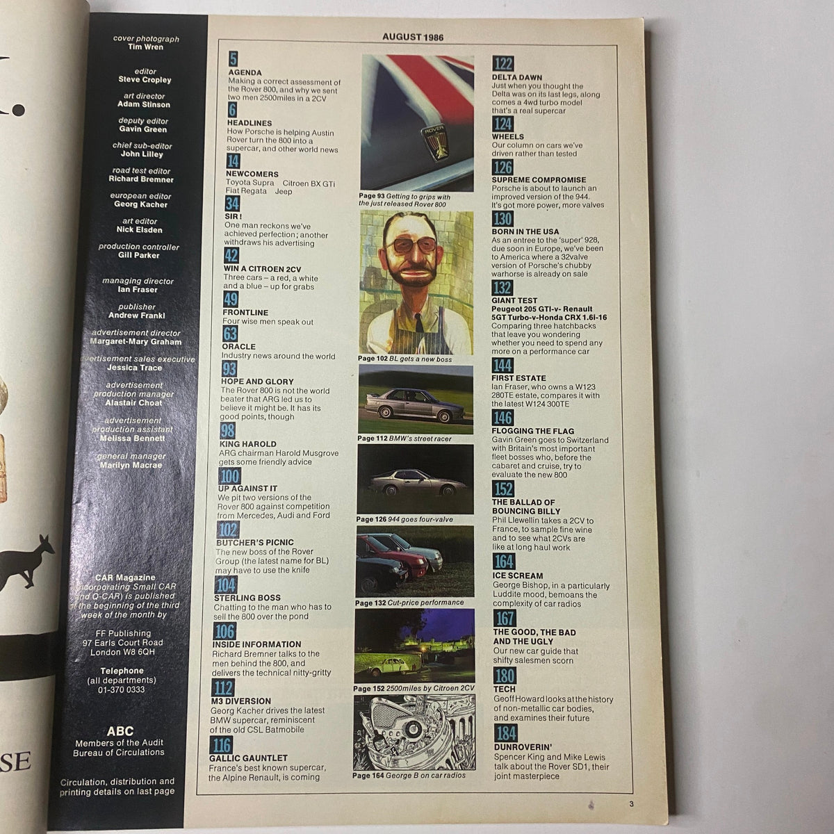Contents page of Car Magazine UK August 1986 showcasing articles and features including a review of the Rover 800 and other automotive highlights.