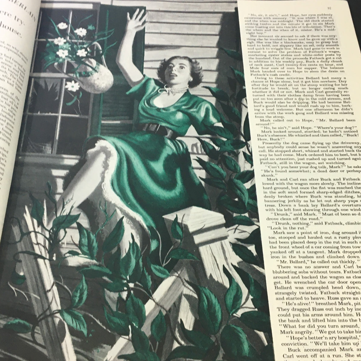 Illustration from VTG The Saturday Evening Post April 2 1949 depicting a woman in a green dress, appearing startled, in the story 'Midnight Boy'.