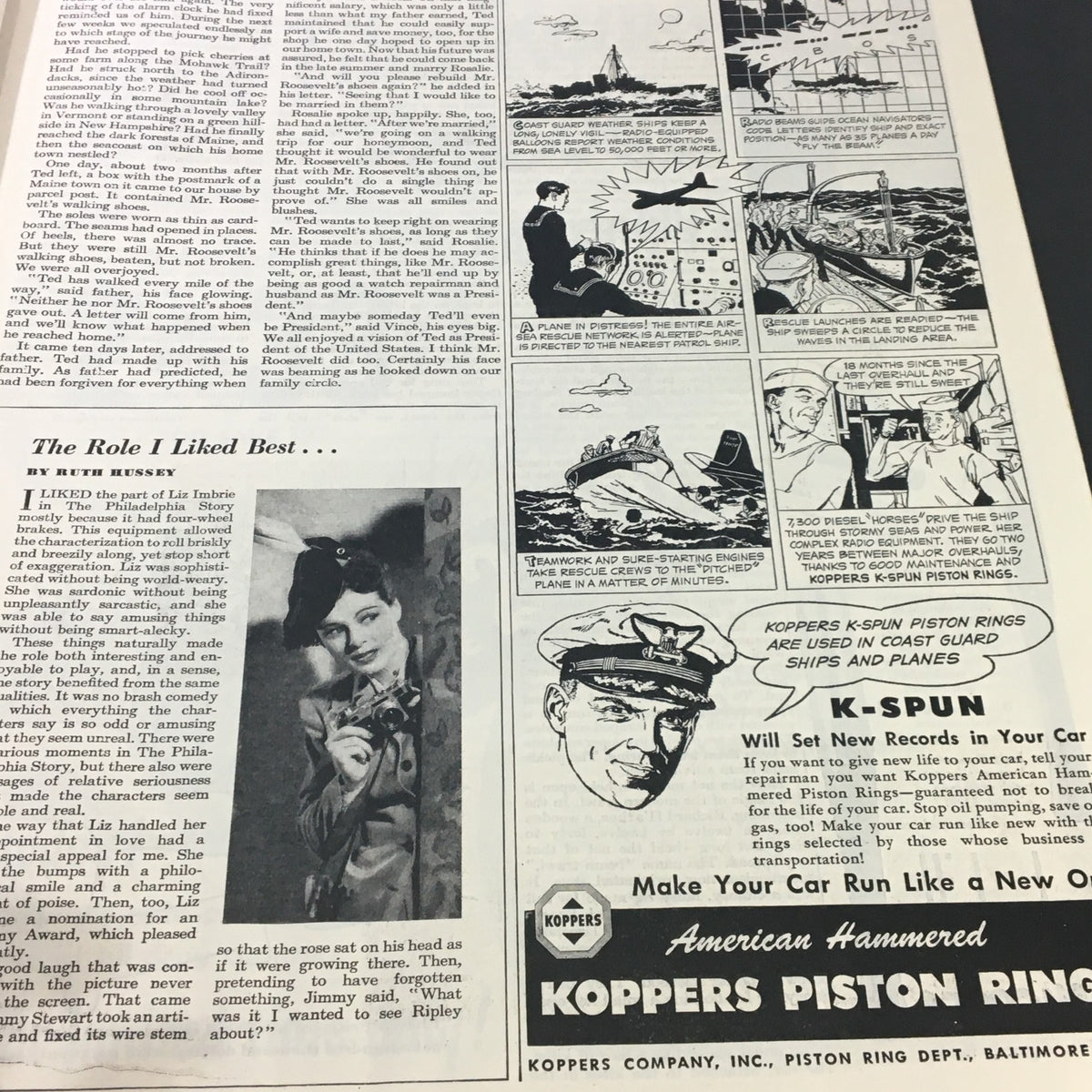Page from VTG The Saturday Evening Post April 2 1949, highlighting advertisements and editorial content including 'The Role I Liked Best...' by Ruth Hussey.