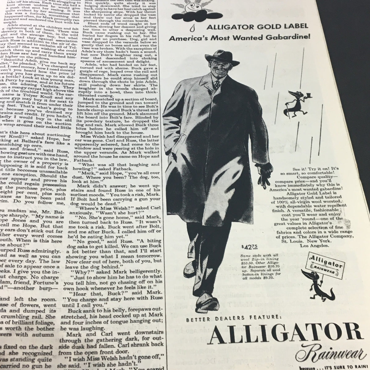 Advertisement page from VTG The Saturday Evening Post April 2 1949 featuring 'Alligator Gold Label' rainwear promotion.