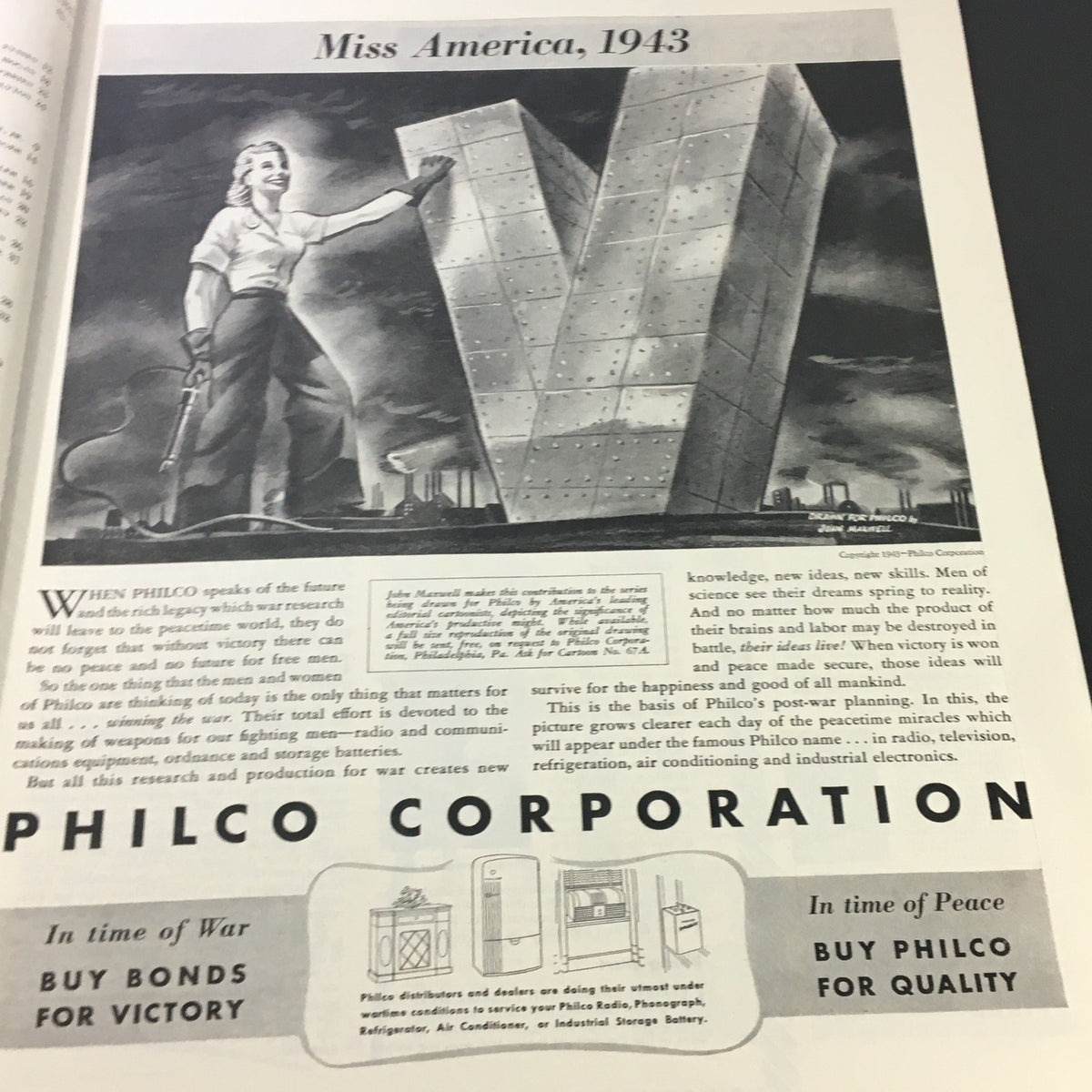 Advertisement for Philco Corporation in The Saturday Evening Post, November 6, 1943, featuring a woman interacting with a giant letter V and text about the company's focus on wartime contributions and future technology.