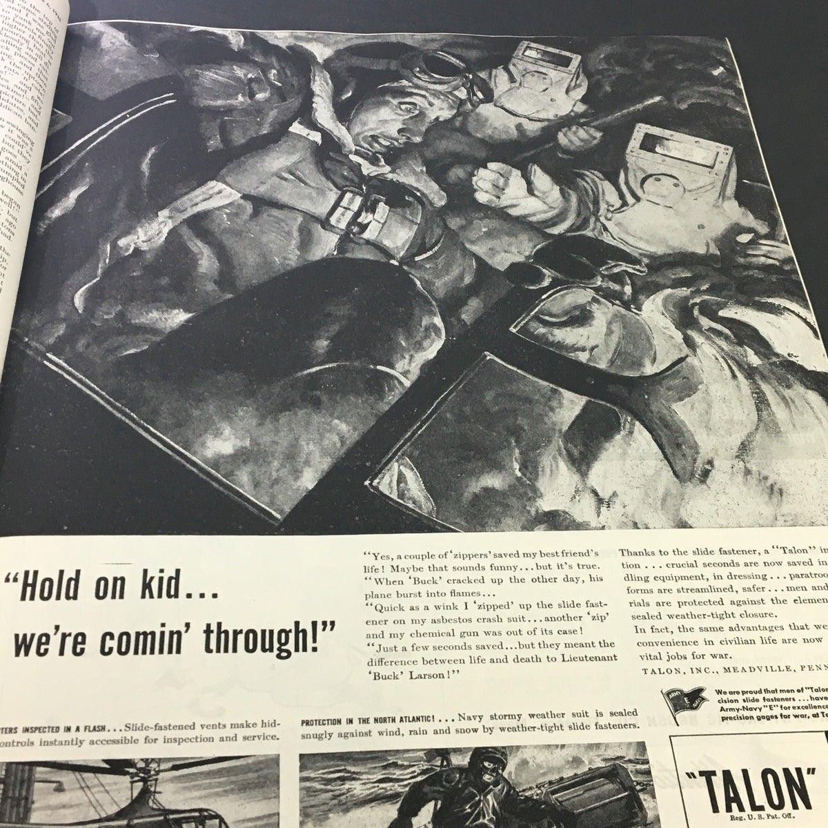 VTG The Saturday Evening Post November 6 1943 illustrates a dramatic scene with aviators in a stormy sky, accompanied by the caption 'Hold on kid ... we're comin' through!' depicting high-risk aerial maneuvers.