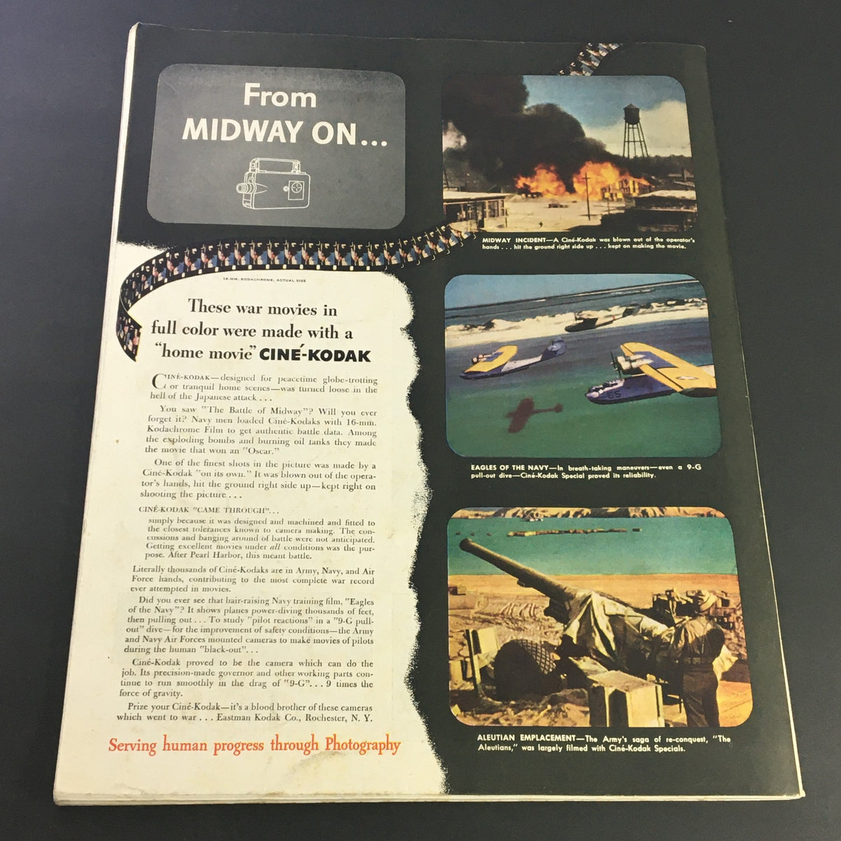 Back cover of the VTG The Saturday Evening Post November 6 1943 magazine featuring a promotional section about Ciné-Kodak home movies, showcasing images related to various military themes from WWII, including a burning building and navy aircraft.