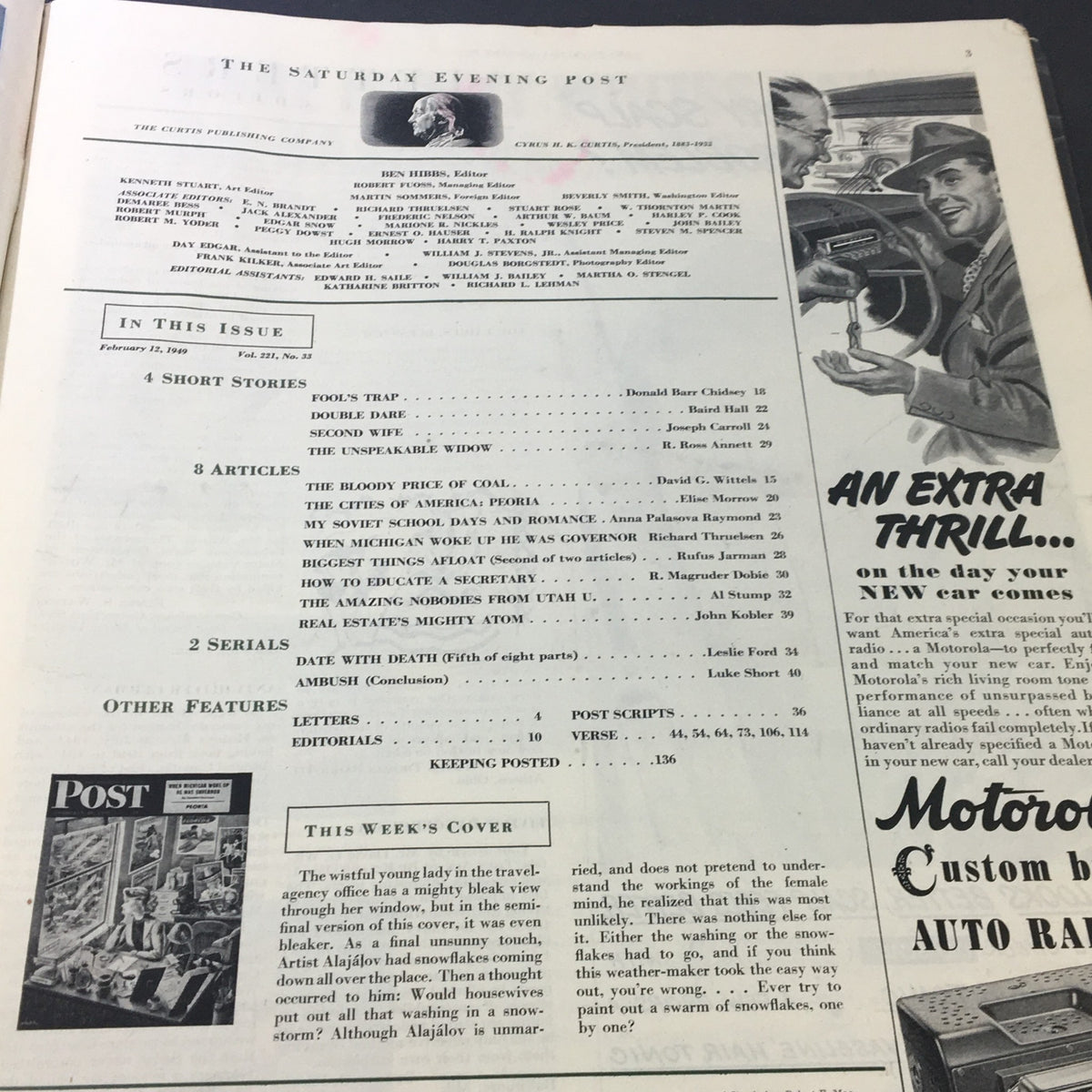 Contents page of The Saturday Evening Post from February 12, 1949, showing articles including 'When Michigan Woke Up He Was Governor', with various features listed on the page.