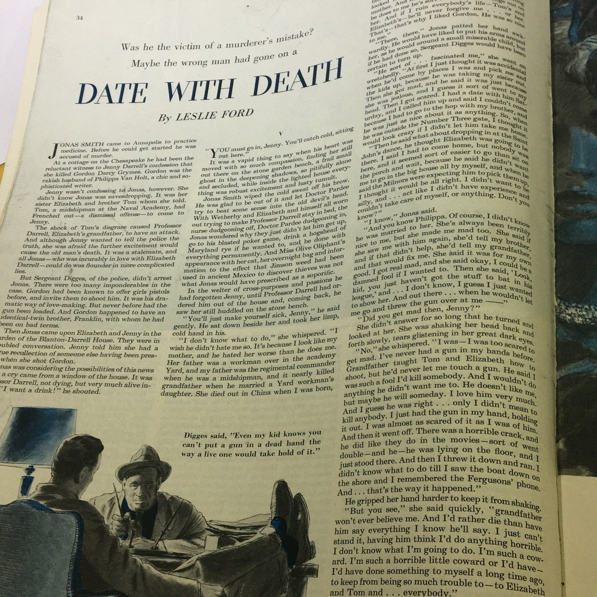 Page from The Saturday Evening Post February 12, 1949, presenting the story titled 'Date With Death' by Leslie Ford, featuring narrative text and dialogue.