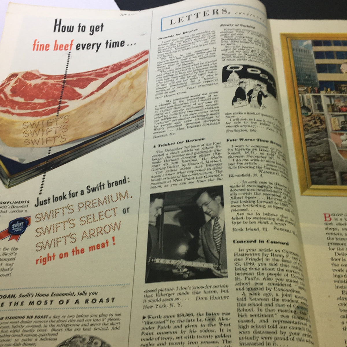 Interior pages of The Saturday Evening Post January 14 1950 with an article discussing meat quality and featuring a Swift brand advertisement.