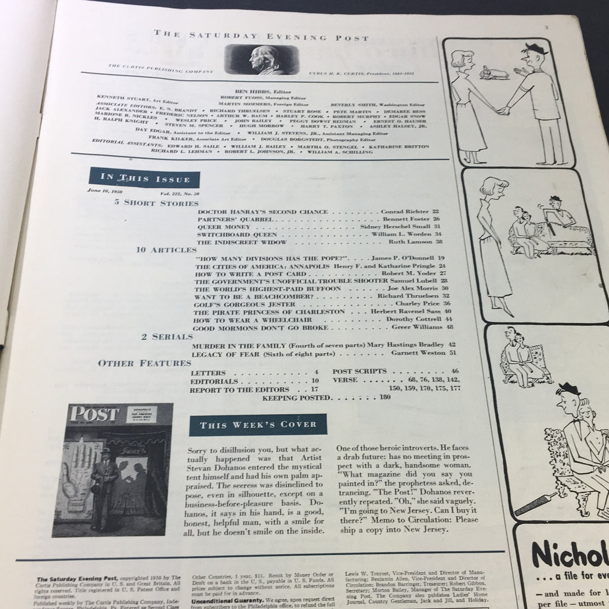 Inside of The Saturday Evening Post June 10 1950 showing the magazine's table of contents and various articles including the cover feature on The Amazing Danny Kaye.