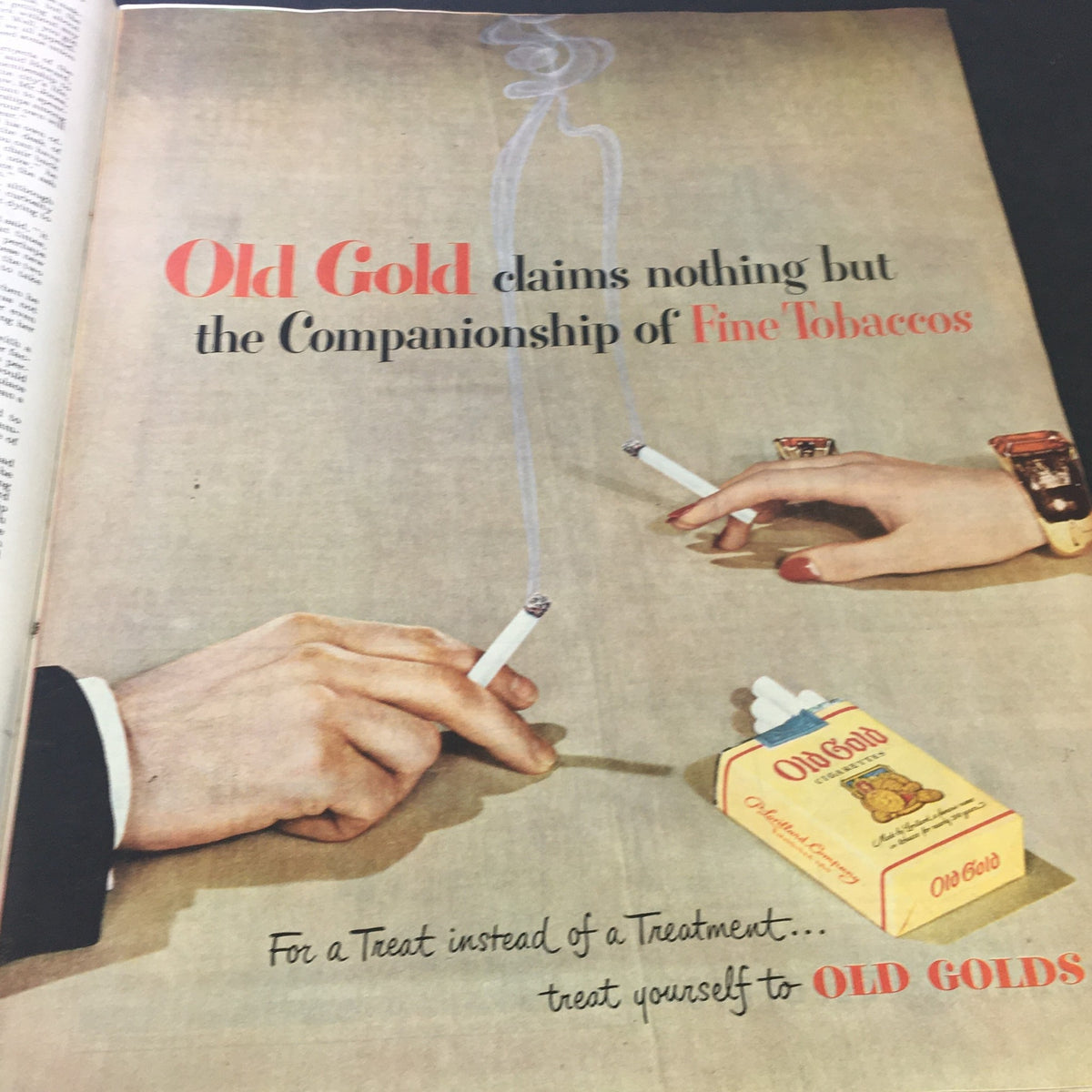 Old Gold cigarette advertisement featuring hands with cigarettes and a box of Old Gold cigarettes. Image is from The Saturday Evening Post June 10 1950 The Amazing Danny Kaye by Joe Alex Morris.
