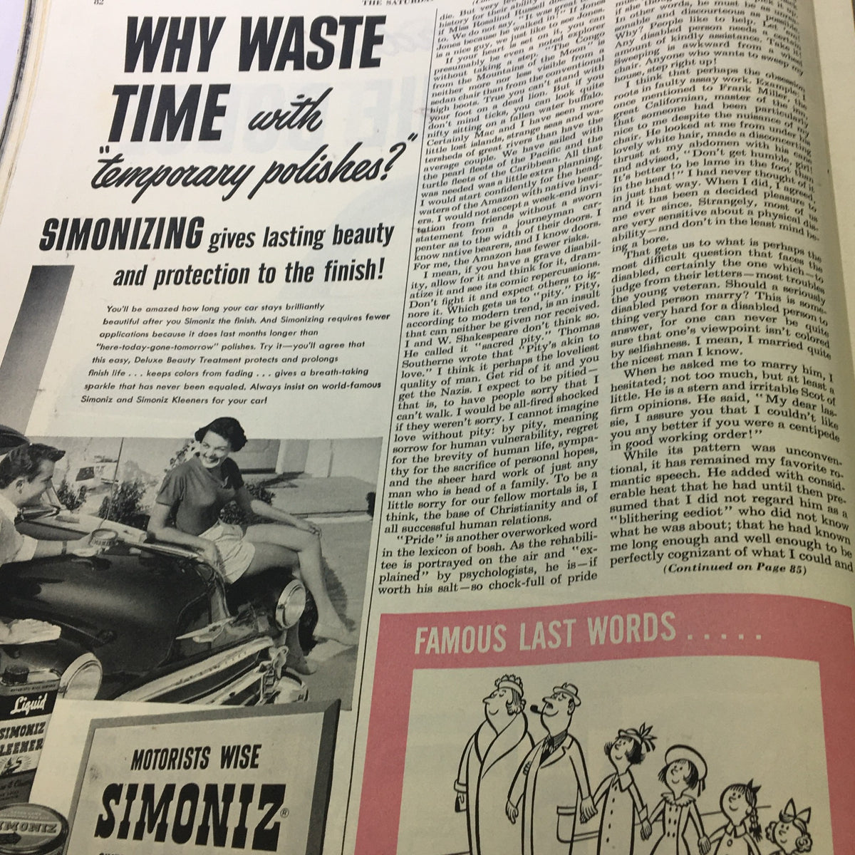 Simonizing car polish advertisement featuring a woman and a man interacting near a car. Image is from The Saturday Evening Post June 10 1950 The Amazing Danny Kaye by Joe Alex Morris.