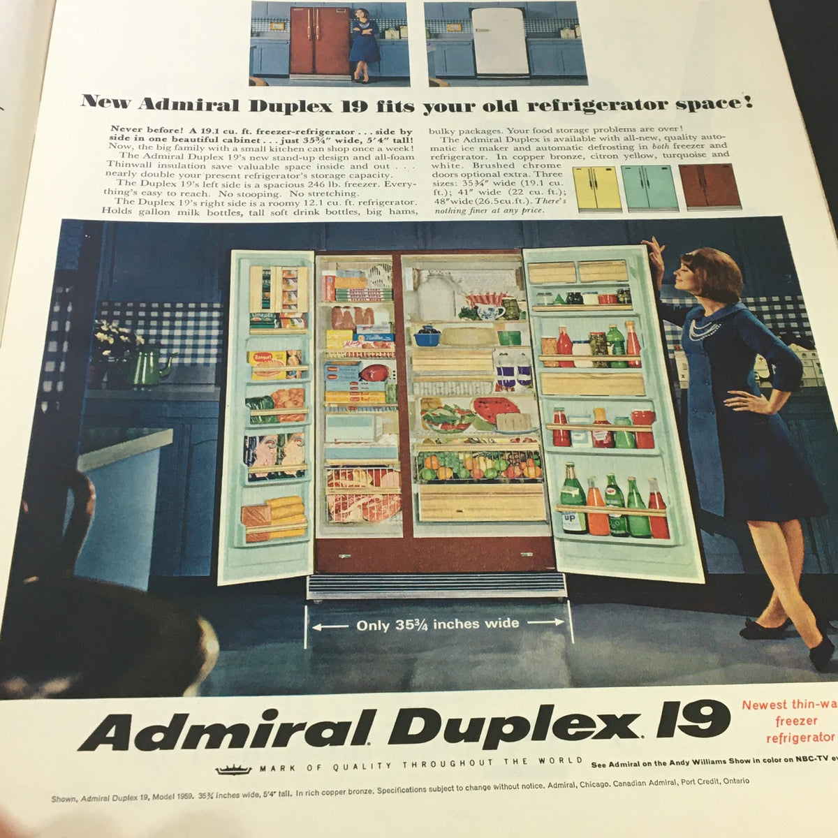 The Saturday Evening Post March 27 1965 featuring an advertisement for the Admiral Duplex 19 refrigerator, showcasing its space-saving design and modern features.