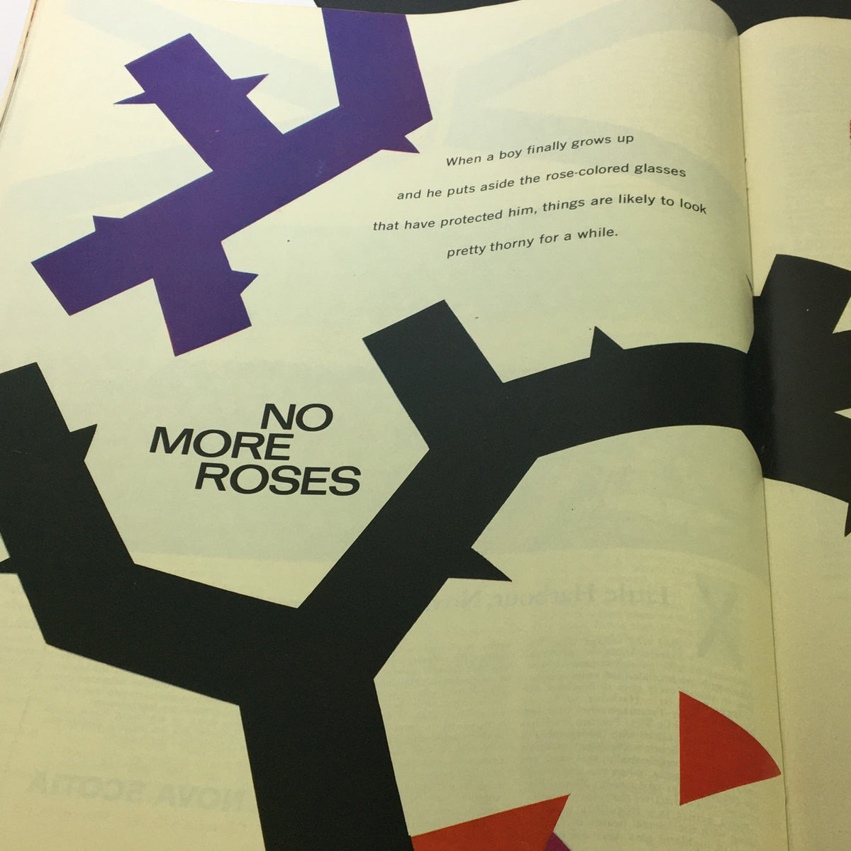 The Saturday Evening Post March 27 1965 depicts an artistic page titled 'No More Roses,' featuring abstract graphics and reflective commentary.