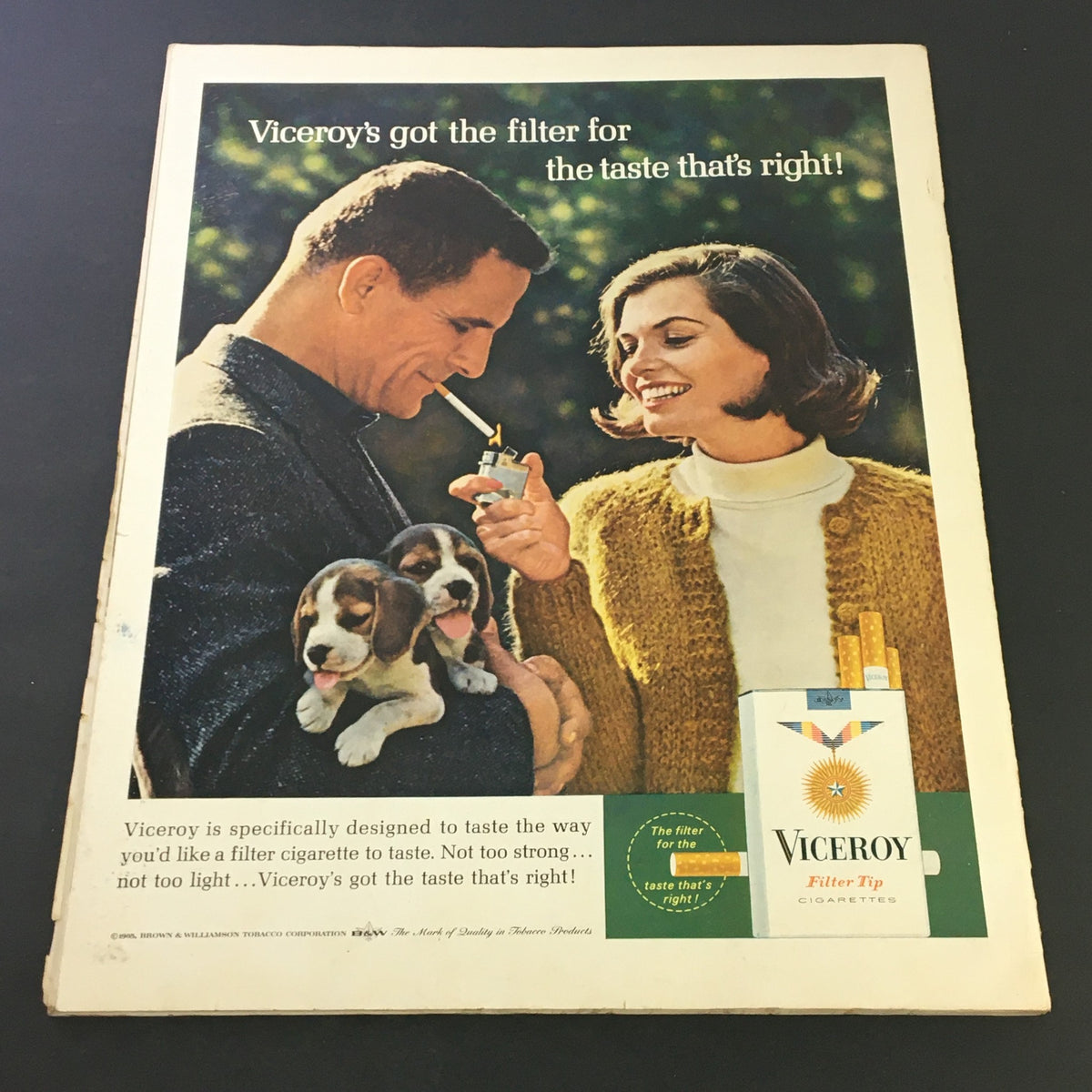 Viceroy cigarette advertisement featuring a man and woman with puppies on the cover of The Saturday Evening Post, March 27, 1965, promoting the brand's filter tips.