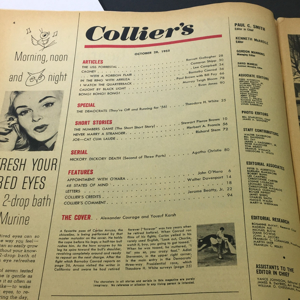 Collier's Magazine October 28, 1955, showcasing articles and features including 'In The Ring with Carlos Arruza'. Highlights the layout and design of the magazine page.