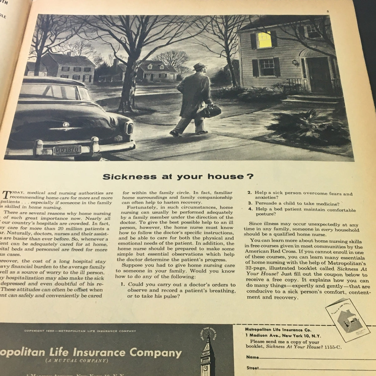 Illustration from Collier's Magazine October 28, 1955, discussing home nursing in relation to family care. The image features a man walking towards a house.