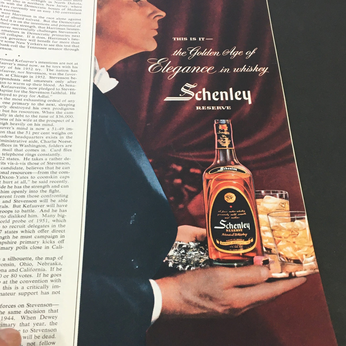 Vintage advertisement featuring Schenley Reserve whiskey from VTG Collier's Magazine October 28 1955, showcasing elegance and sophistication.