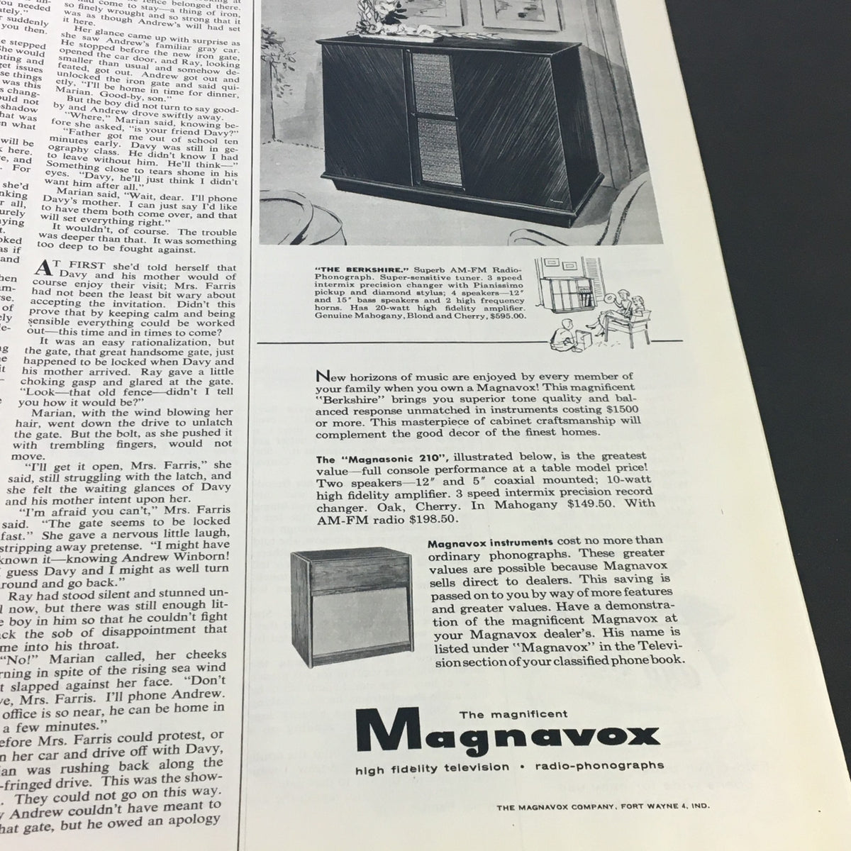 Magnavox advertisement for the Berkshire AM-FM radio and phonograph in VTG Collier's Magazine October 28 1955, highlighting superior sound quality and craftsmanship.